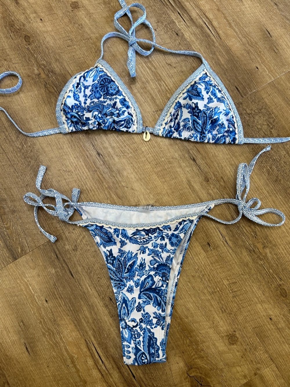 Blue & White Floral Triangle String Bikini